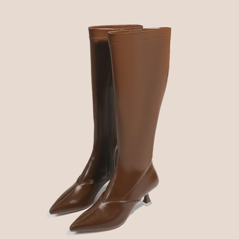 Nya Dam Svart Vit Faux Läder Stövlar Kvinnliga Spetsiga Tå Stilettklackar Knähöga Stövlar Riddarstövlar Botas De Mujer