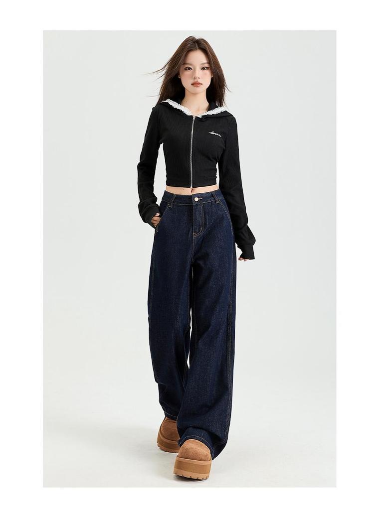 Women's Dark Blue High-Waist Wide-Leg Jeans, Summer 2025 Collection - Loose Fit, Meat-Covering, Mopping Style.