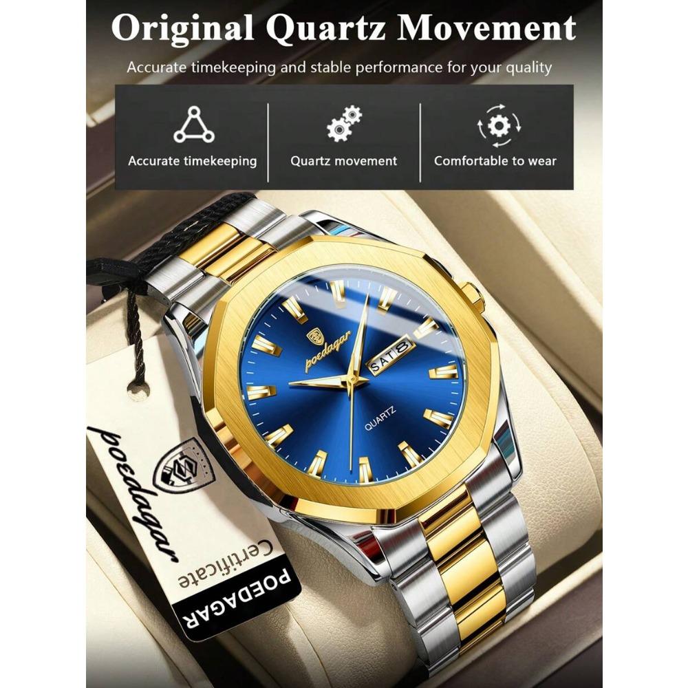 POEDAGAR 1pc Casual Men's Stainless Steel Quartz Wristwatch, Dual Date Display, Business Waterproof Luminous Wristwatch, Men's Gift
