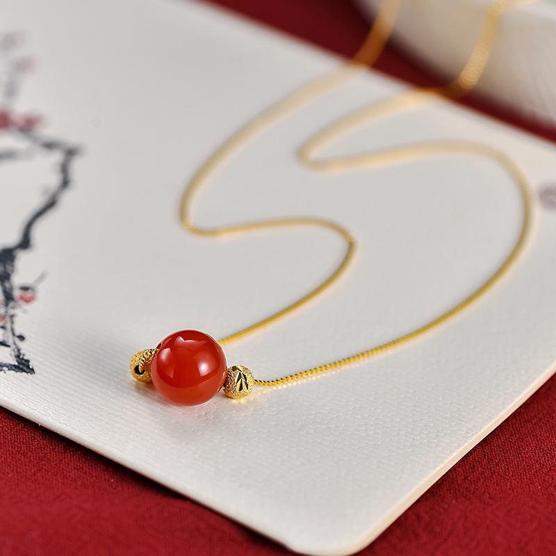 High-End Chinese Acacia Red Bean & Agate Necklace with Luck Bead Clavicle Chain