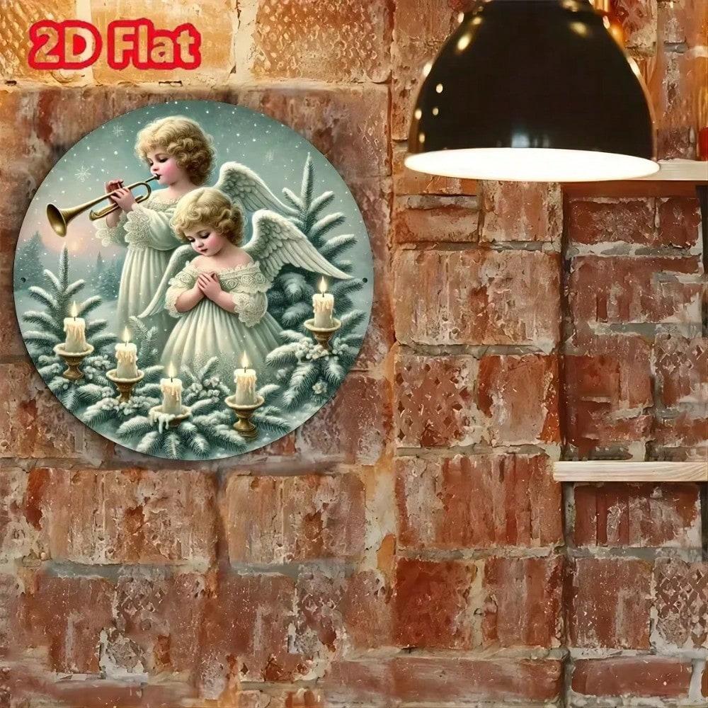 Tinplate Art Round Metal Sign Angel Christmas Tree Home Wall Decor