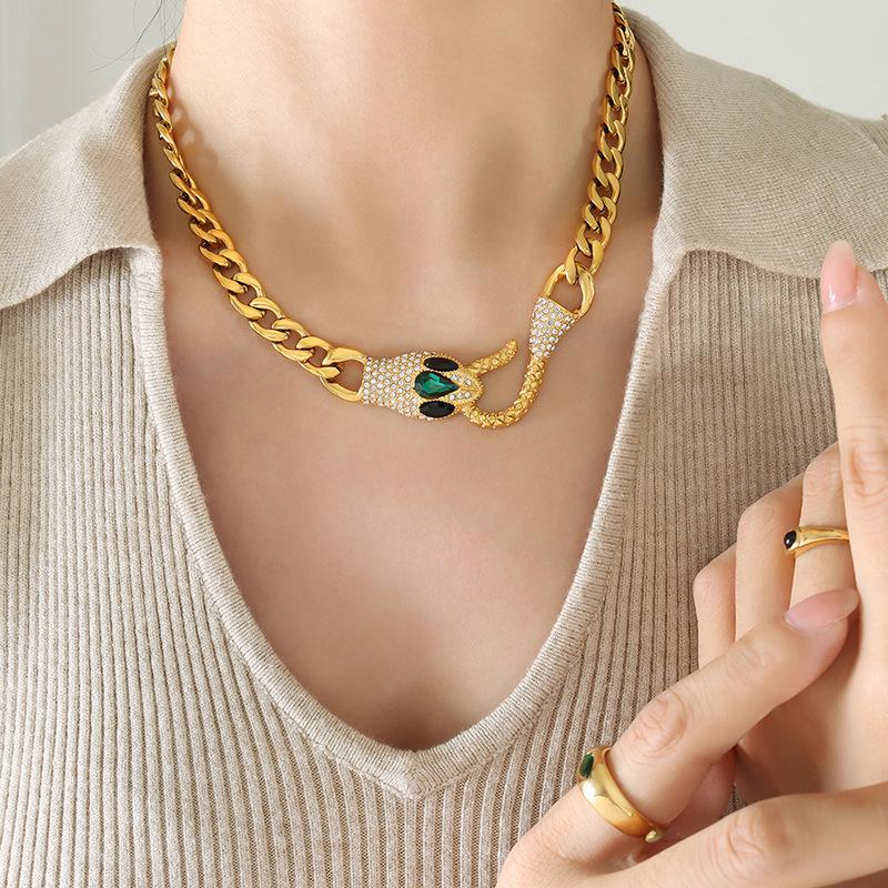 Colorfast High Street Hip Hop Style Zircon Snake Head Necklace