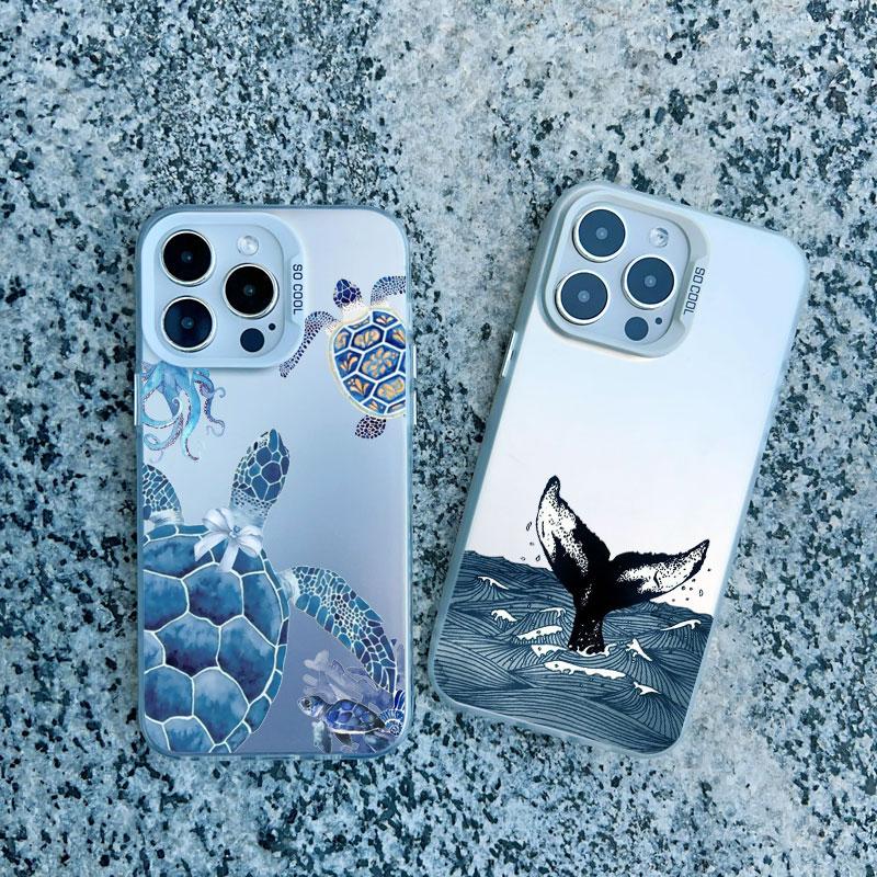 Cool Ocean Turtle Pattern Phone Case For iPhone 15 14 Pro Max 11 12 13 Pro Max Mini 15 Plus Sea Blue Turtle Design Laser Covers