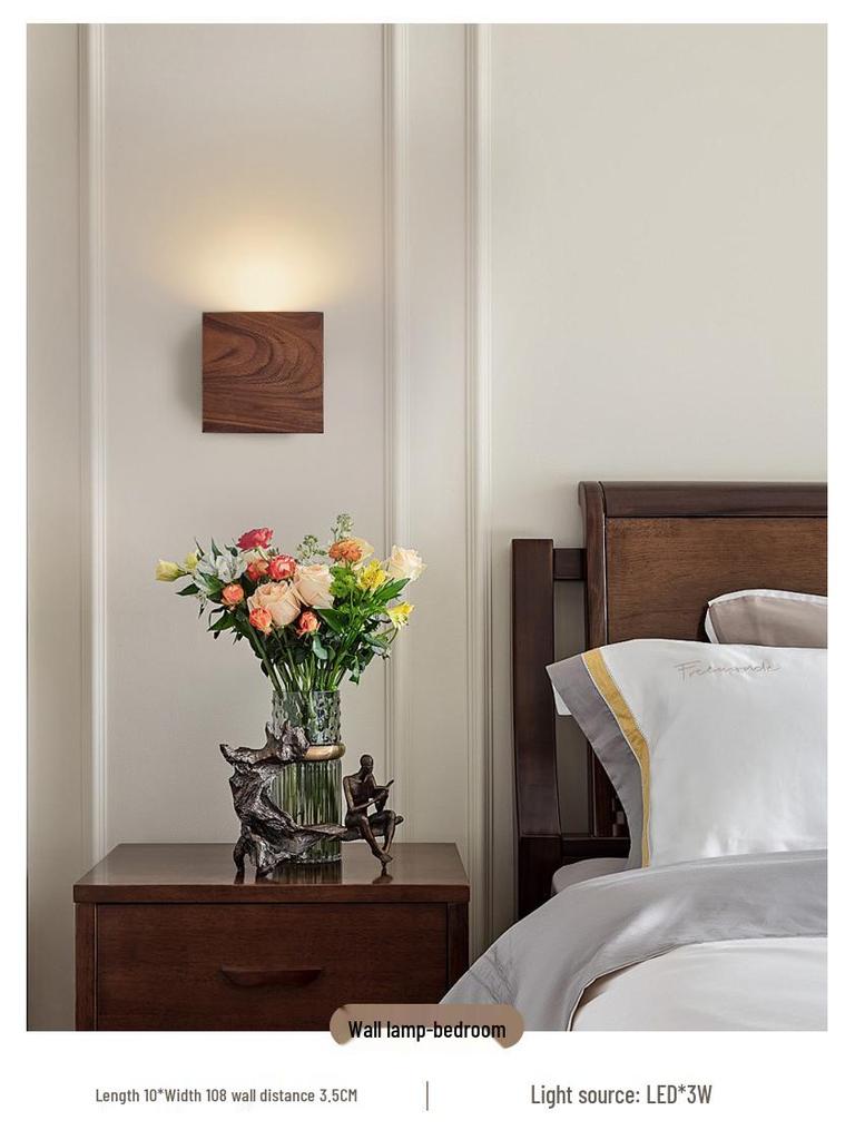 Mid-Century Solid Walnut Wall Lamp: Full Spectrum Eye Protection for Bedroom or Stairway