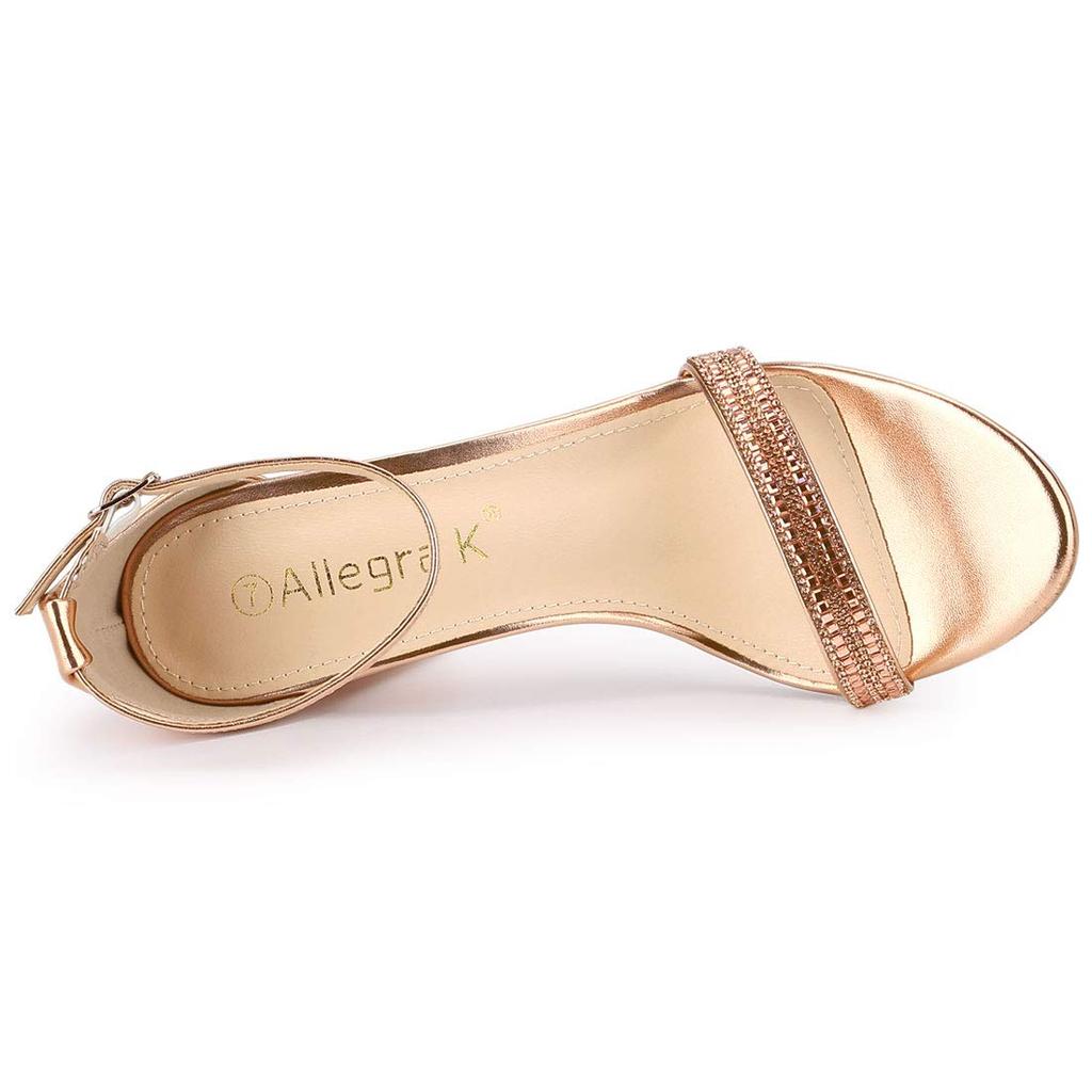 Allegra K Women's Rose Gold Ankle Strap Sandals with Rhinestones and Chunky Heels, Size 24.5cm