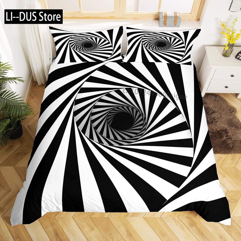 Black White Art Bedding Set,Abstract Geometry Duvet Cover For Kids Teen Boys Girls,Optical Illusion Comforter Cover, Full Size