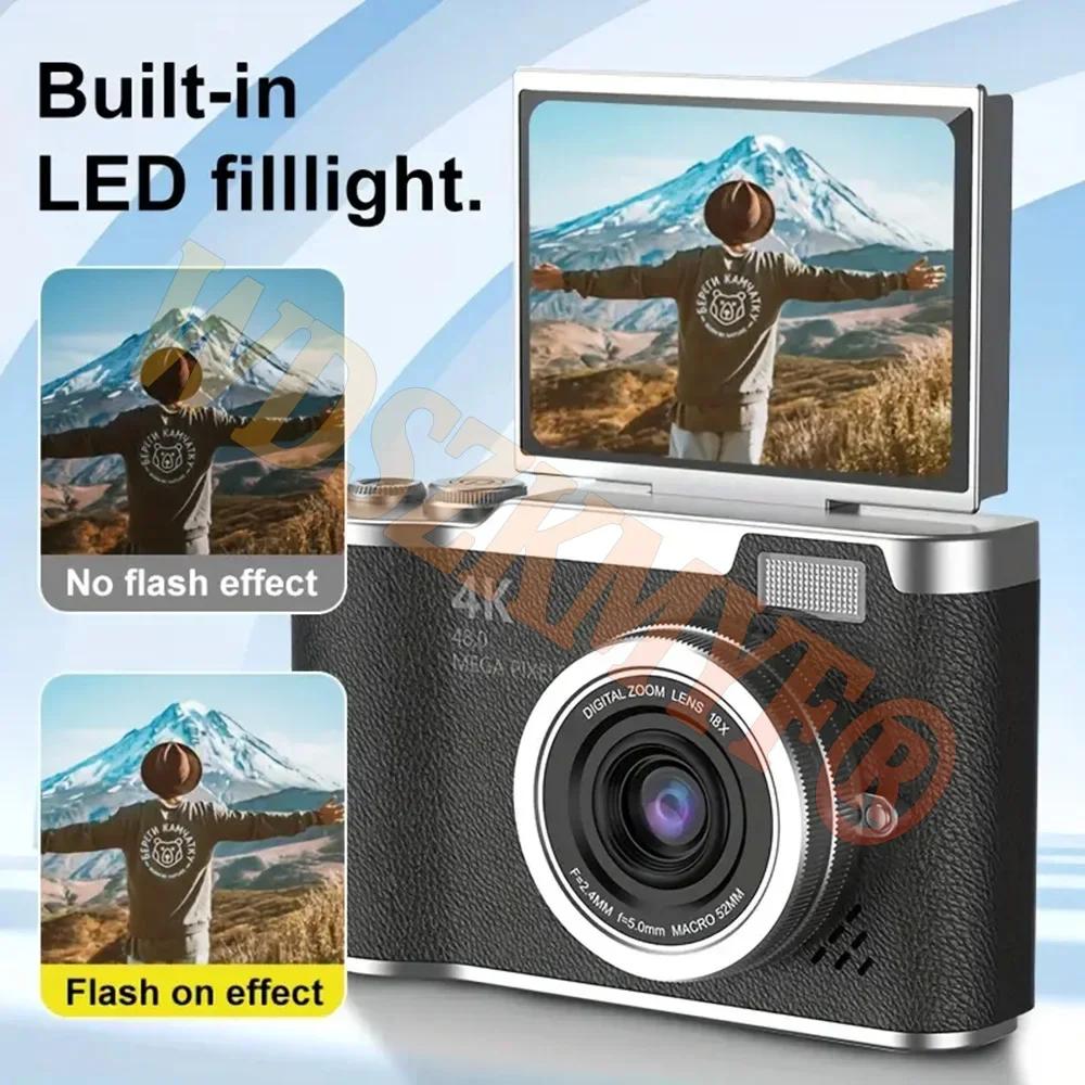 180° Flip Screen Digital Camera 48MP Retro CCD 8X Digital Zoom Student Compact Photography Camcorder Selfie Cam Video Recorder