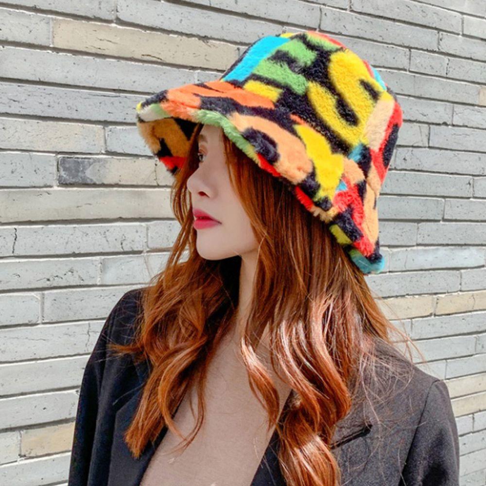 

Printed Camouflage Rainbow For Girls Women Bucket Hats Korean Fisherman Hat Thicken Cap Faux Fur
