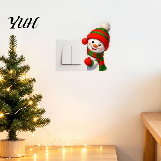 Decorative Socket Stickers Christmas Snowman Switch Sticker, Removable PVC Decal, Peeking Ornaments Cartoon Wall Art for Holiday Bedroom Atmosphere