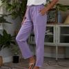 Fashion Women's Cotton Linen Pants Solid Color Pockets Elastic Waist Loose Casual Pants