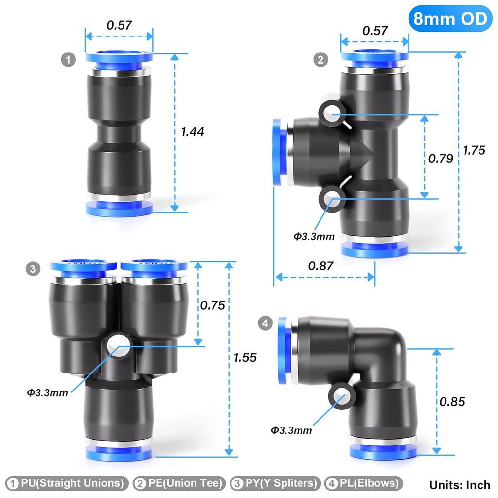 40-Piece 8mm Pneumatic Quick Connector Set: Includes 10 Distributors, 10 Elbows, 10 Straight, and 10 Tees