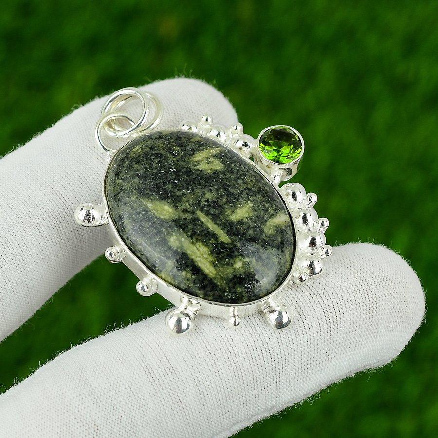 Gift For Her 925 Sterling Silver Natural Green Rice Jasper Gemstone Pendant