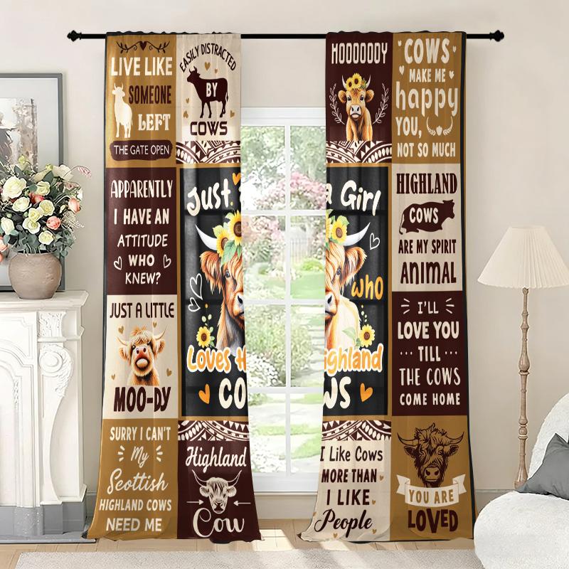 Highland Cow Pattern Curtains 2-Piece Set Pastoral Style Fun Quote Printed Curtains Living Room Bedroom Home Decor Curtains