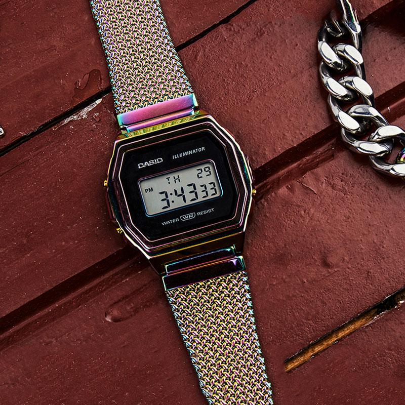 Casio Serie VINTAGE-quadrato retrò metallo piccolo quadrato orologio sportivo colore arcobaleno movimento al quarzo acciaio inossidabile cinturino in tessuto giapponese A1000PRW-1PRD