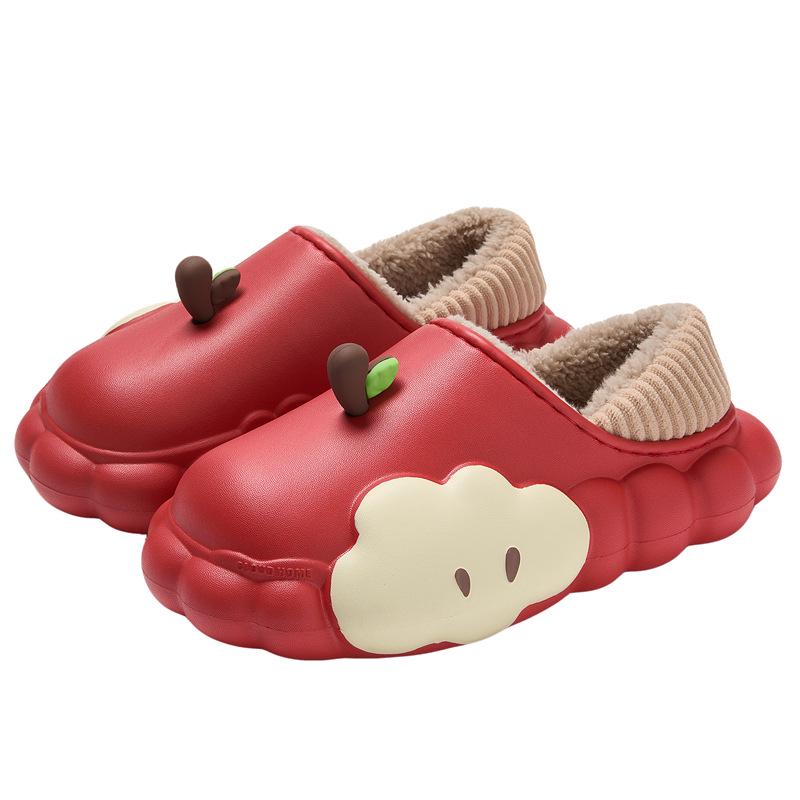 Women's Winter Cartoon Apple Cotton Slippers: Indoor Plush, Warm, Waterproof, Non-Slip Shoes