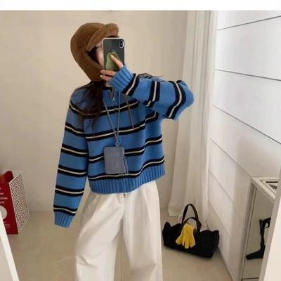 Lazy Striped Knitted Cardigan Women's Autumn and Winter New Loose and Thin Versatile Double Zipper Sweater Jacket