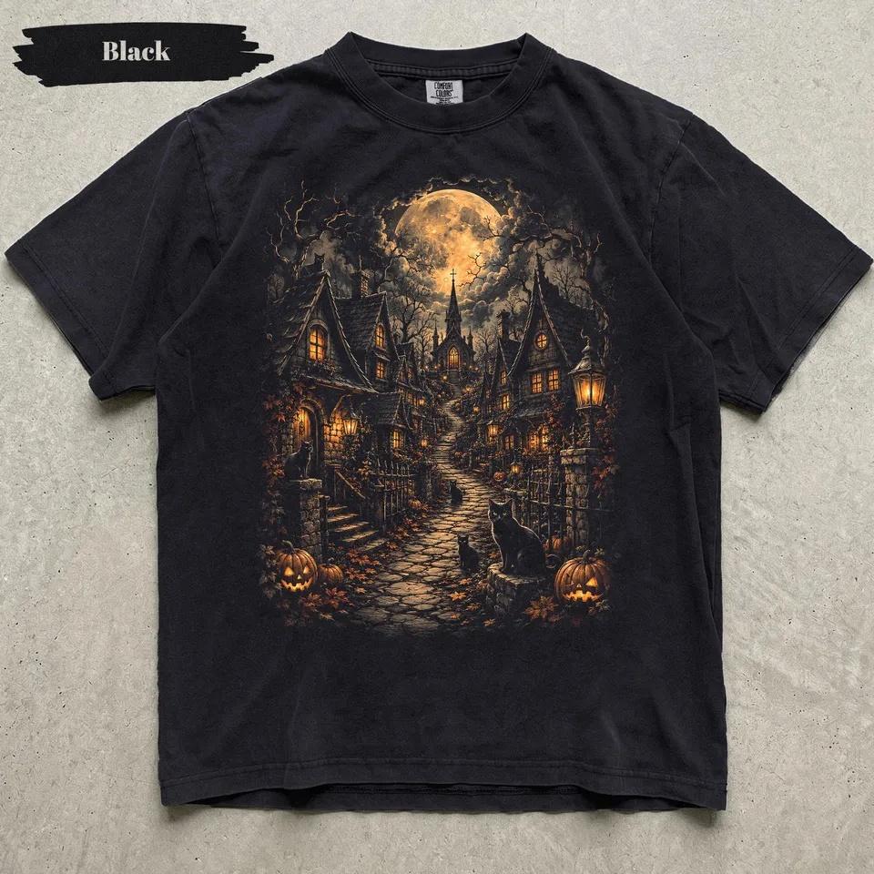 Ghost House Halloween Village Printed T-shirt, Ghost House Pumpkin T-shirt, Black Cat Moon Bat Autumn Gothic Autumn T-shirt