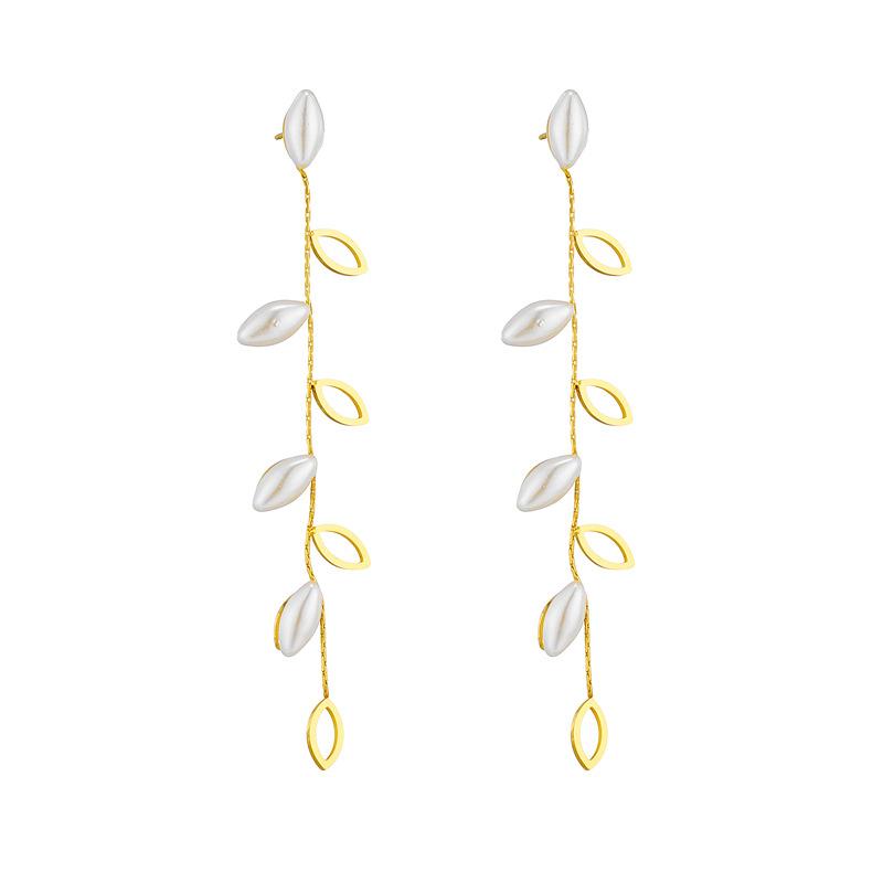 Fashion Minimalist Pearl Willow Leaf Hollow Long Drop Earrings, Light Luxury Elegant Earrings