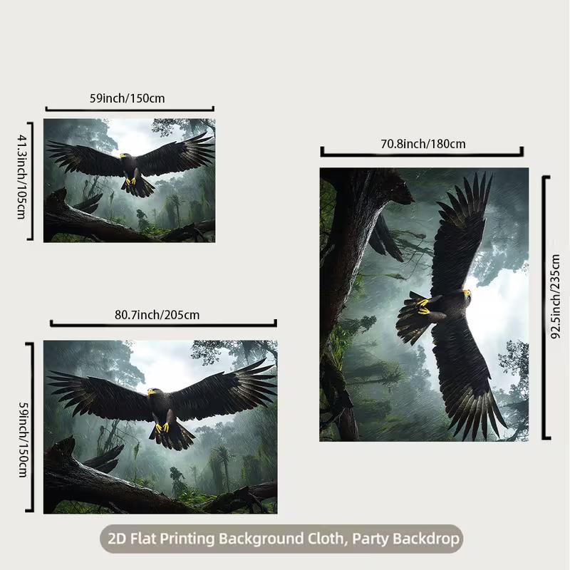 2D Eagle in Flight Tapestry Misty Rainforest with Falling Rain