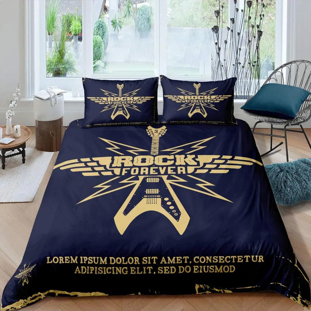 Set Biancheria da Letto Matrimoniale Rock Roll Music King Queen con Federe, Copripiumino con Cuffie e Chitarra, Copripiumino Stile Punk Graffiti in Poliestere