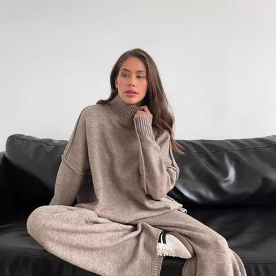 Women's 2 Piece Sweater Set High Neck Knit Long Sleeve Pullover Tops and Wide Leg Pants Lounge Matching Sets Fall Winter Outfits Sweatsuit for Women
