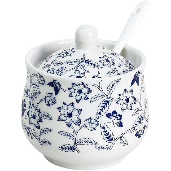 Керамическая сахарница Сине-белая банка для цветов Соль Перец Банка для хранения с крышкой и ложкой