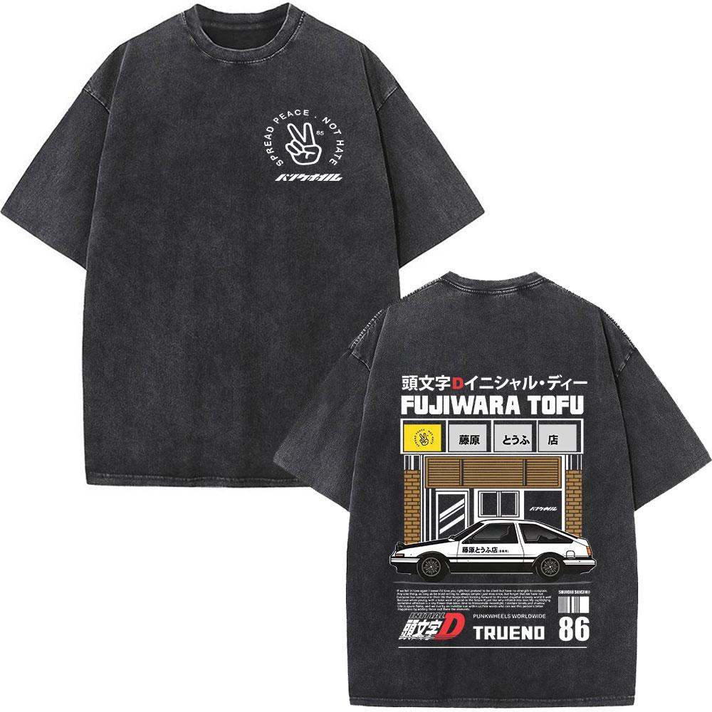 Anime Initial D Drift AE86 Washed Vintage Print T-shirt RX-7 R34 Skyline GTR JDM T-shirts Men's Harajuku Cozy Oversized T Shirts