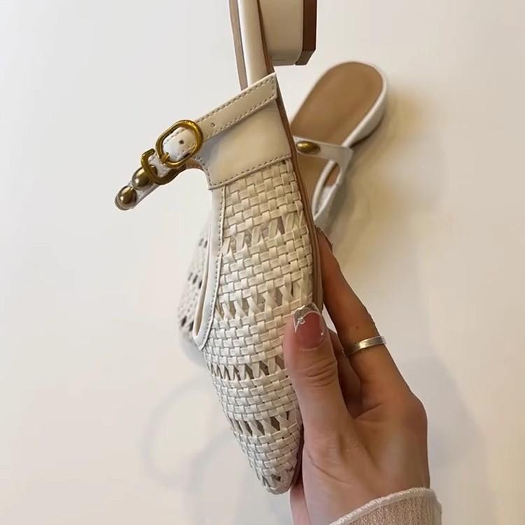 Soft Leather Edition~ Gentle Versatile Coarse Heel Woven Baotou Shoes Women's French Metal One-word Belt Hollow Breathable Semi-Slippers