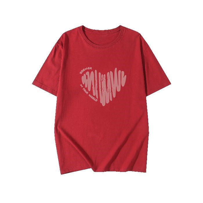 Plus Size Cotton T-Shirt - Women's Summer Short Sleeve Pink Heart Mid-Length Loose European Style
