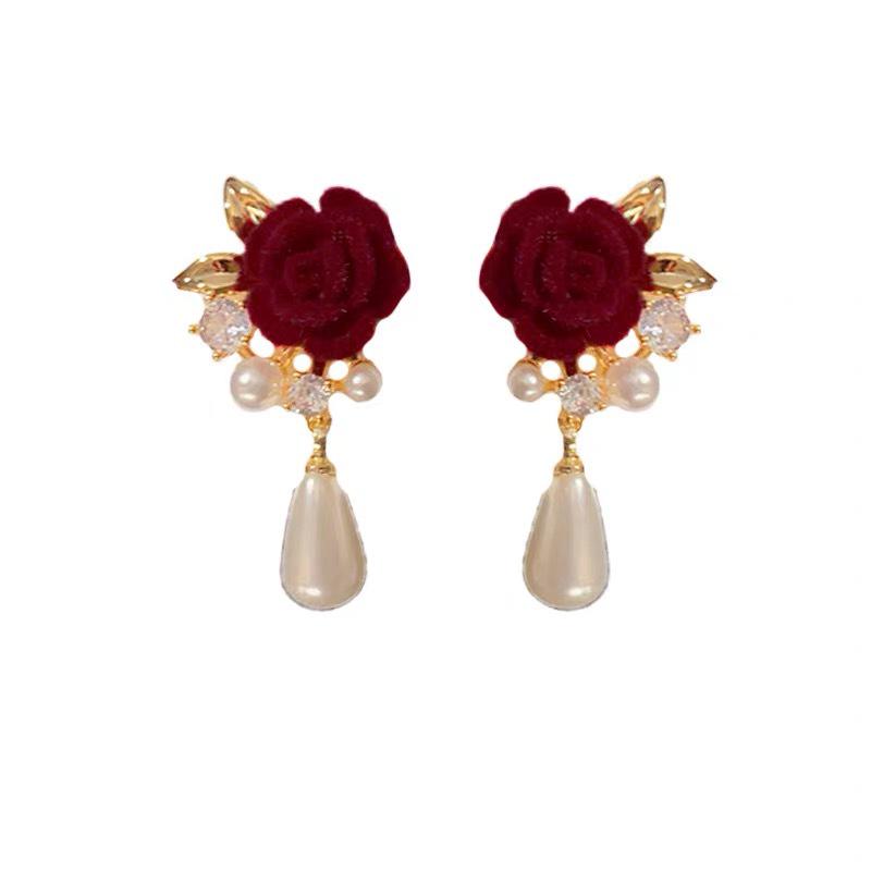 Vintage Red Velvet Flower Pearl Pendant Earrings - Elegant Stud Jewelry for Women