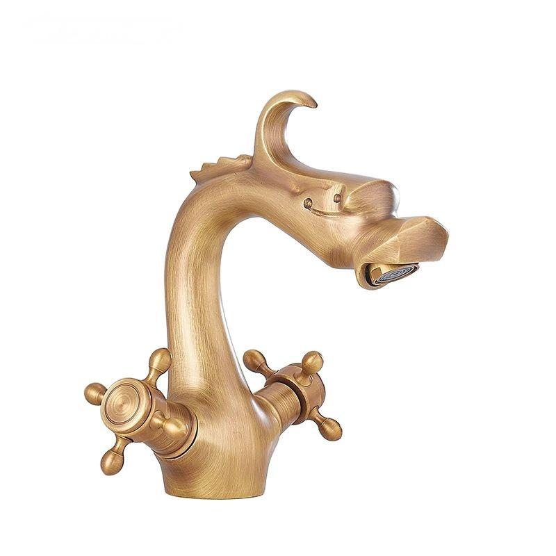 

Черное Золото Античный Дракон Смеситель для Раковины в Ванной Латунные Смесители для Ванной Двойная Ручка Кран для Горячей и Холодной Воды Настольный Смеситель