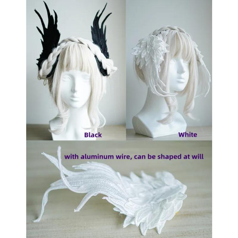 Handmade Cosplay Gothic Lolita Angel Wings Hairpin Demon Headdress Harajuku Horns Embroidery Feather Hair Clip Anime Accessories