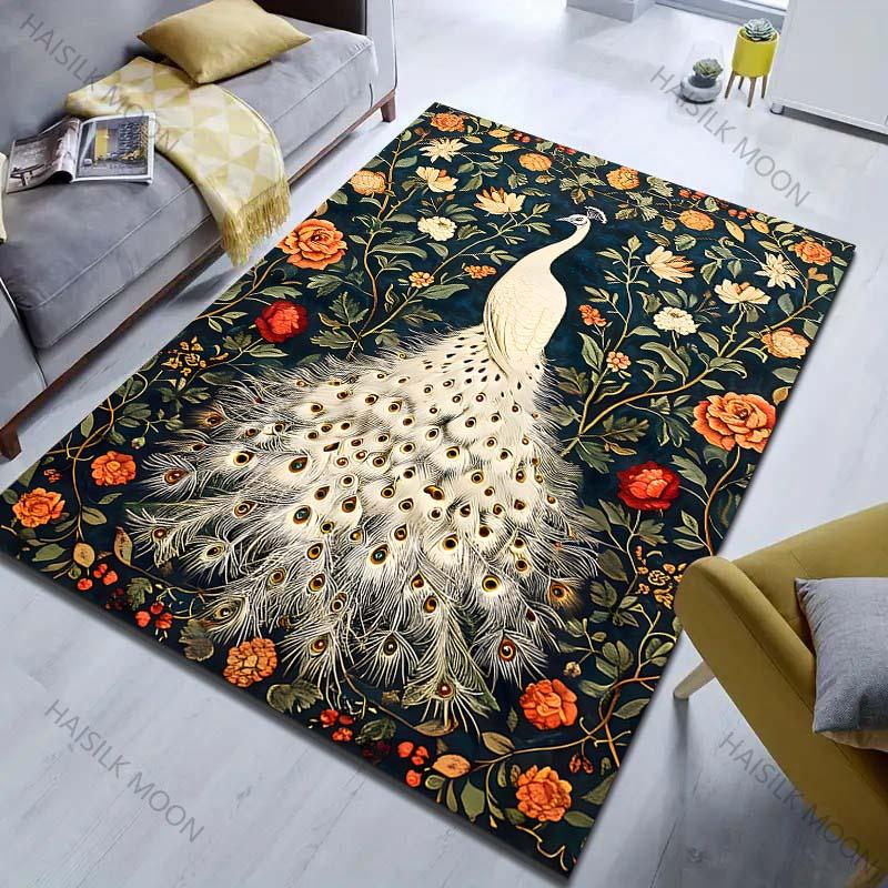 White Peacock and Flowers Printed Carpet for Bedroom Living Room Bedside Sofa Floor Mat Modern Home Decor Area Rug for Gifts