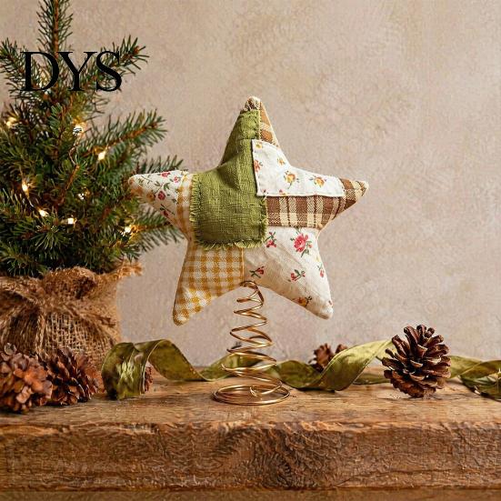 Plush Star Decor Christmas Tree Topper, Patchwork Stuffed Xmas Retro Pastoral Ornament for Winter Holiday Party Home Handmade Cloth Topper