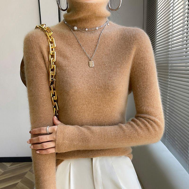 

Пуловер с высоким воротником, Теплый, Элегантный, Приталенный, Вязаный свитер для осенне-зимней женской одежды one size кофейный