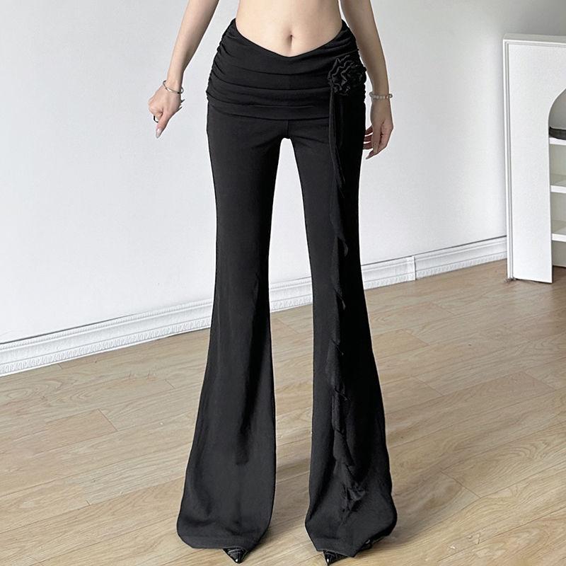 WHATIWEAR Modern Retro Style Three-dimensional Flower High Waist Micro-flare Trousers Streamer Slim Fit Casual Pants for Women