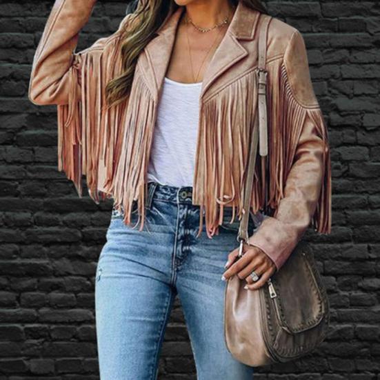 Women's Casual Tassel Jacket Long Sleeve Lapel Fringed Cropped Coat Faux Suede Motorcycle Outwear for Spring Autumn