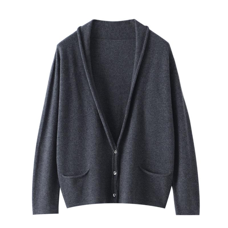 Le Kasha Women's 2026 V-neck Cashmere Cardigan - Korean Style, Autumn/Winter, Loose Fit, Buttoned Coat