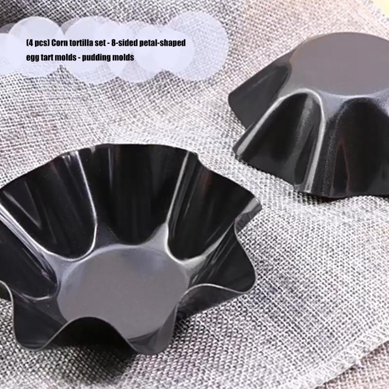 Set of 4 Multifunctional Fluted Flower Shape Cake Pan Carbon Steel Reusable Tortillas Shell Molds for Home Baking
