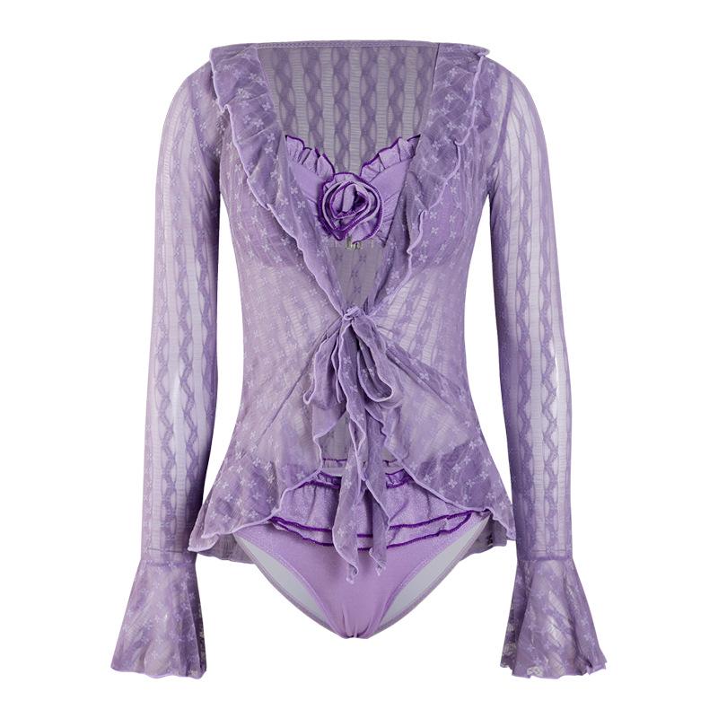 2025 Korean Sexy Gathered Swimsuit: Women's Three-Piece Set with Long-Sleeve Cover-Up