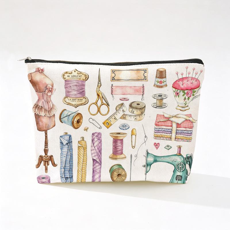 Retro Sewing Machine & Yarn Print Linen Cosmetic Bag with Zipper