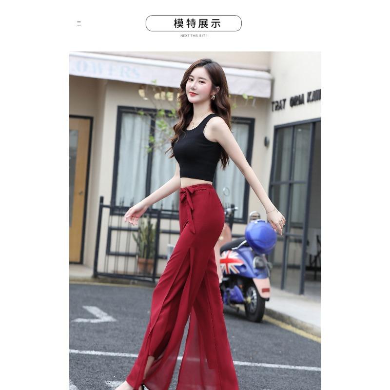 Women's Summer Chiffon Wide-leg Pants High-waist Split Culottes Drape Swing Pants Elegant Loose Double-layer Pants