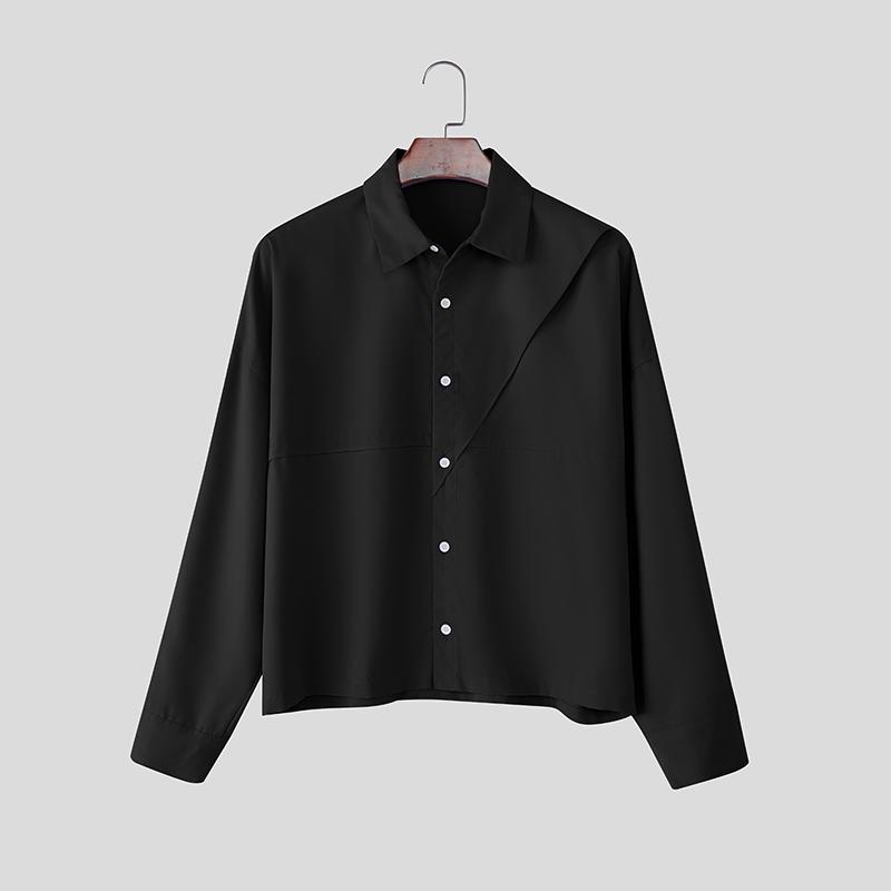 INCERUN Oversized Men Lapel Neck Long Sleeve Casual Loose Short Shirts Tops