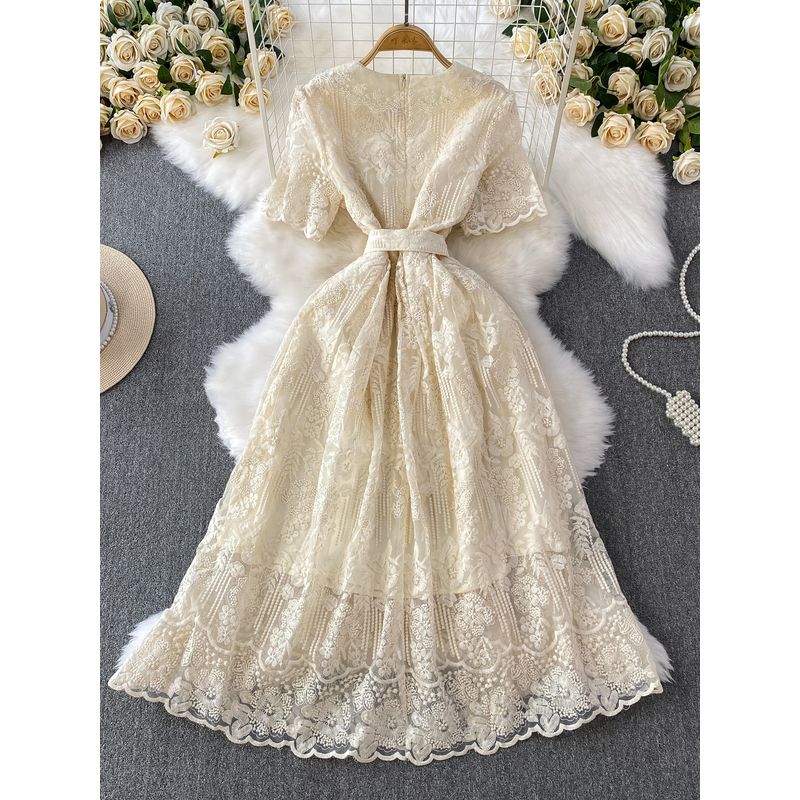 High End Socialite Heavy Industry Lace V-neck Short Sleeve Formal Dress Dress Women Summer Lace-up Waist Hugging Slimming Princess Long Dress
