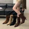 Miting Fashion Boots Women's 2025 Autumn and Winter New Temperament Thin Boots Leopard Print Pointed Thin Heel Suede High Heel Short Boots