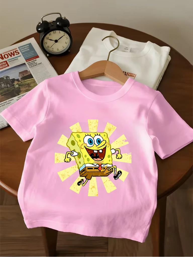 Lovable SpongeBob Short Sleeve T Shirt For Kids Summer Cute Cartoon Crewneck 3-14