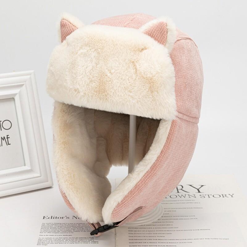 Women Earflap Cap Ushanka Trapper Hat Cat Ear Faux Fur Fluffy Windproof Warm Hat