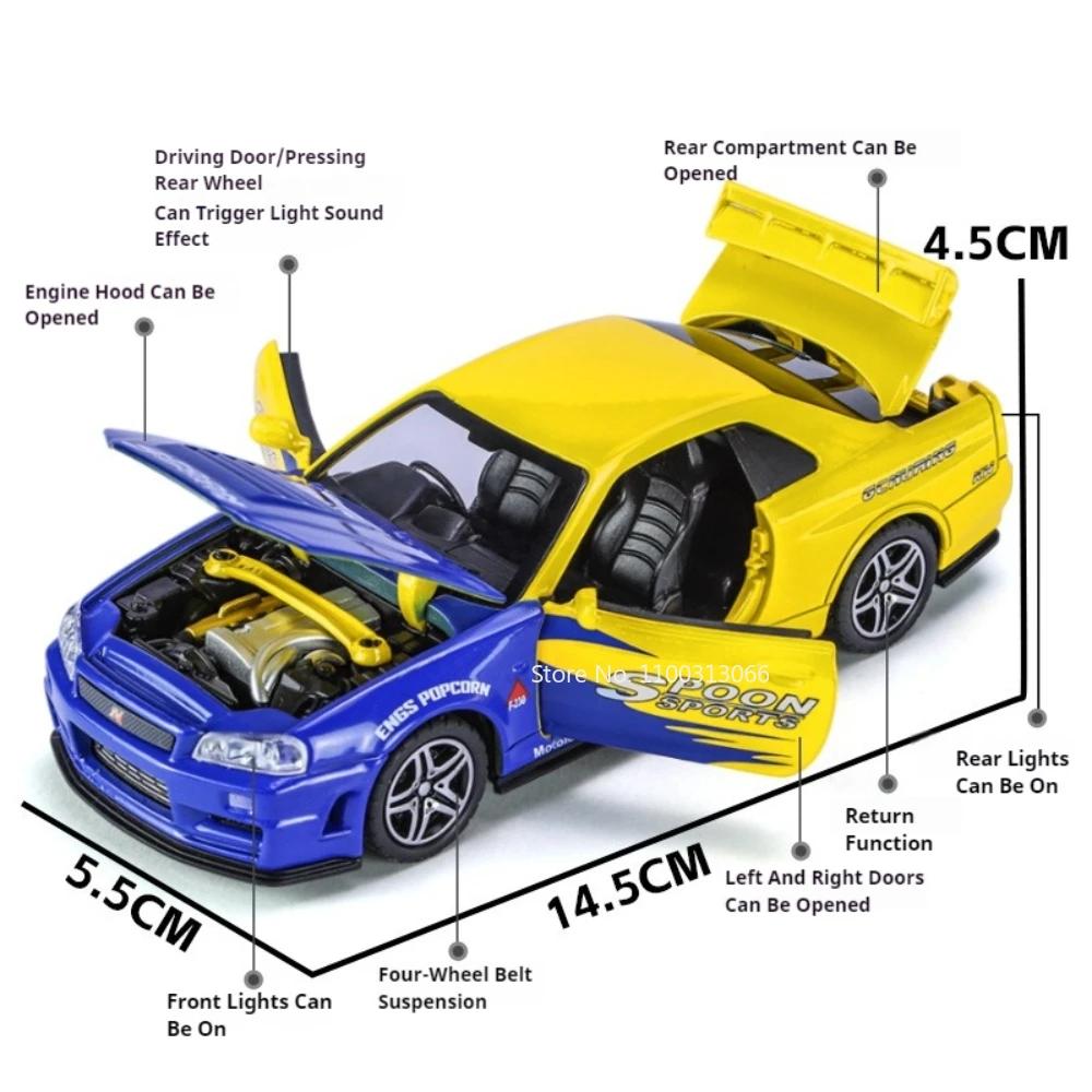 1:32 GTR R34 R35 Car Model Toy Doors Opened Sound Light Pull Back Metal Diecast Simulation Vehicles Models Gifts for Children