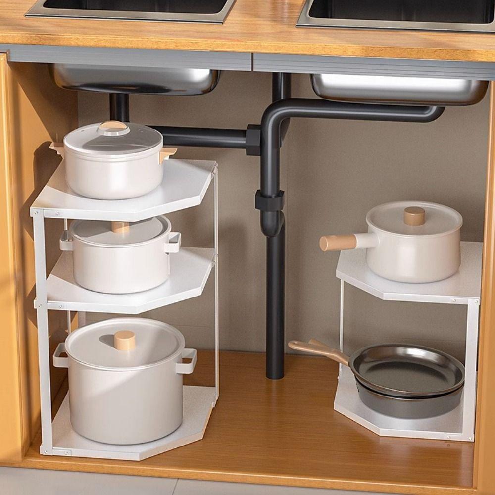 Space Saving Corner Pot Storage Rack 2/3 Tier Cabinet Pot Lid Holder  Bathroom