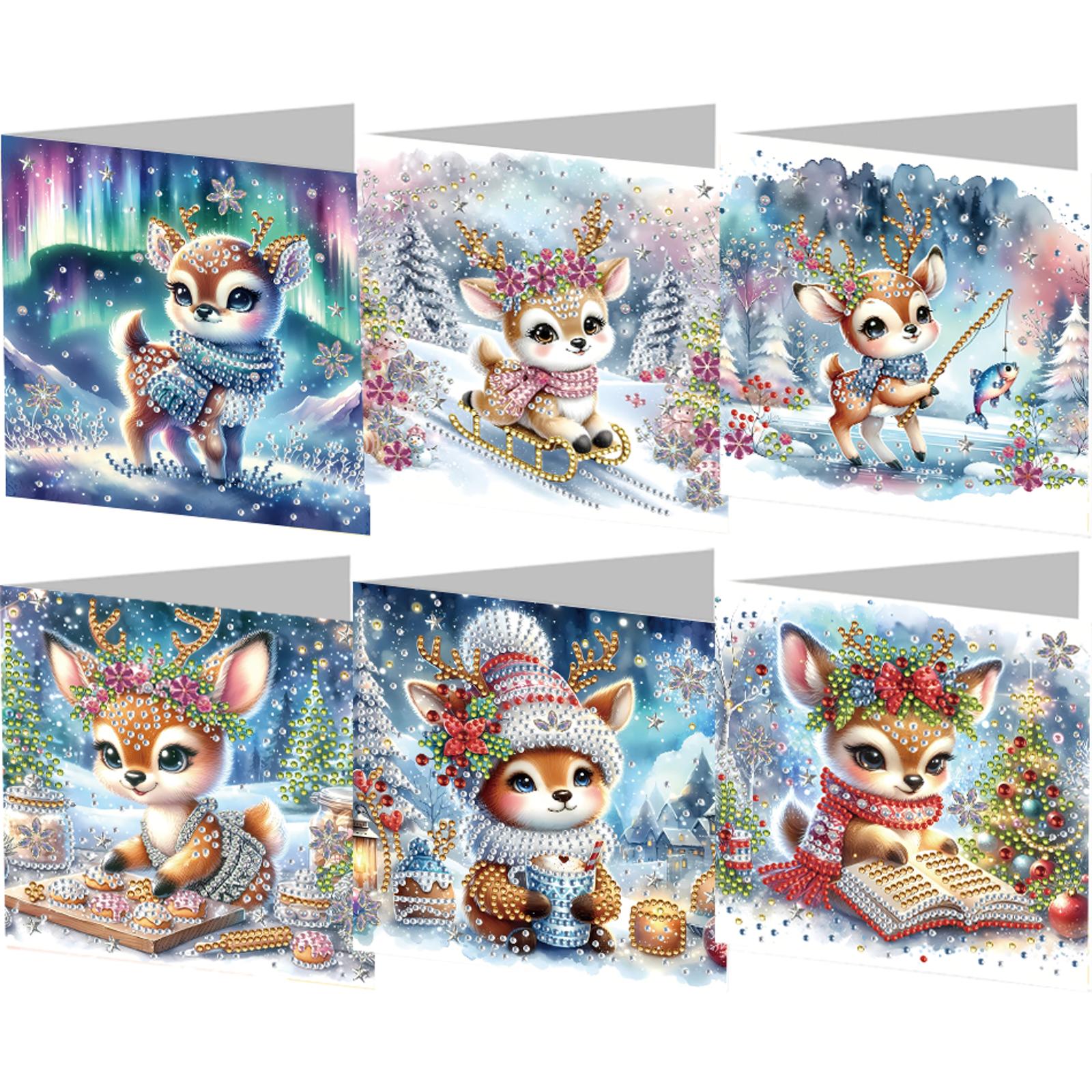 

6Pcs Christmas Elk Rhinestone Painting Card Kit Diamond Daily Wish Card Diamond Painting Greeting Card for Holiday Party Favors